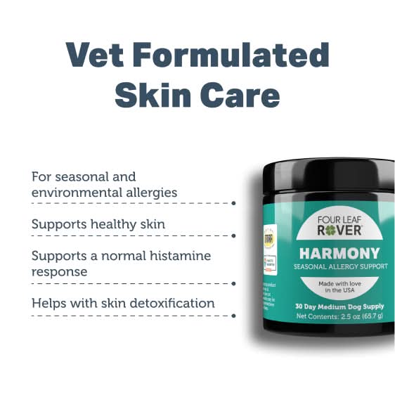 Four Leaf Rover Harmony product for vet-formulated skin care with text on a white background