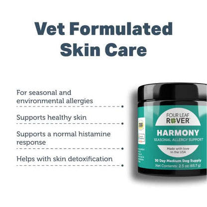Four Leaf Rover Harmony product for vet-formulated skin care with text on a white background