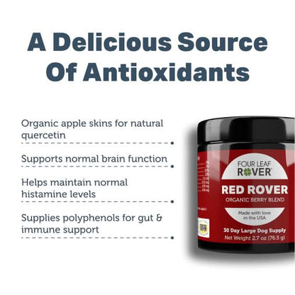 Red Rover organic berry blend supplement with text about antioxidants and benefits on a white background