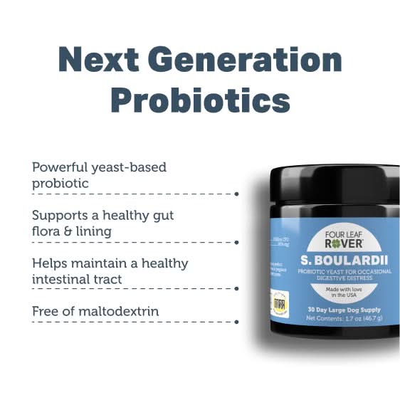 S. Boulardii Probiotic supplement container with text highlighting benefits on a white background