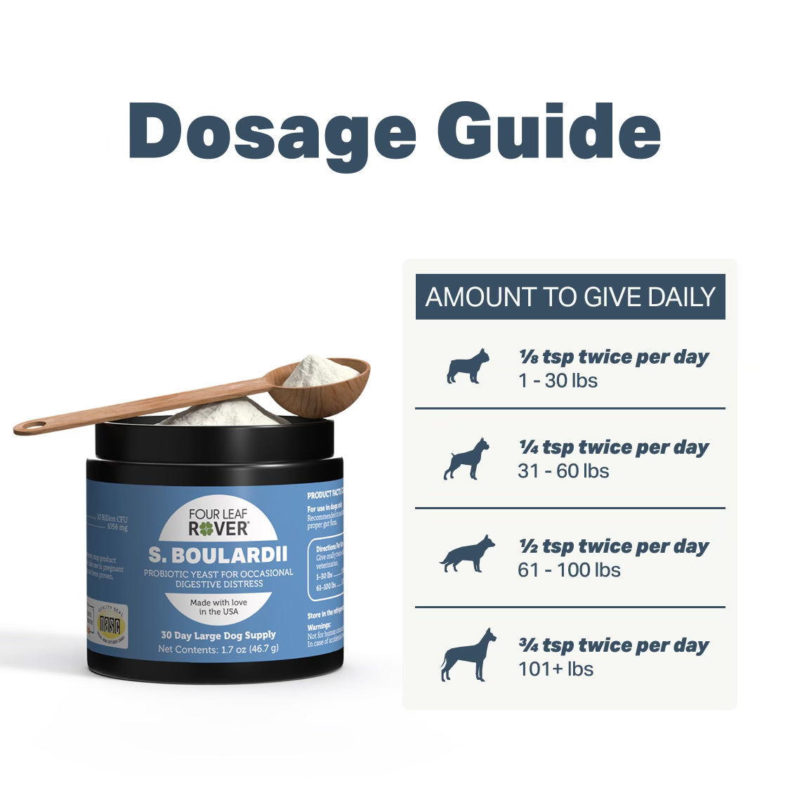 Four Leaf Rover S. Boulardii probiotic powder with a dosage guide on a white background