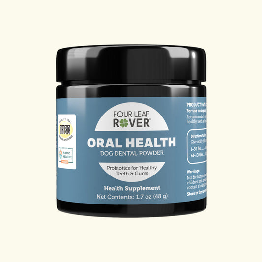 Four Leaf Rover oral health powder for dogs on a white background