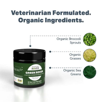 Green Rover pet supplement jar with organic ingredients on a white background