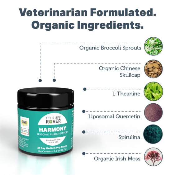 Four Leaf Rover Harmony product with listed organic ingredients on a white background