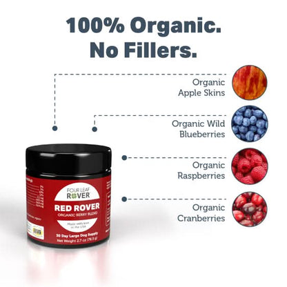 Red Rover organic berry blend jar with ingredients listed on a white background