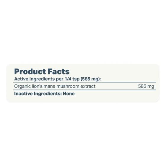 Product facts label for organic lion's mane mushroom extract on a white background
