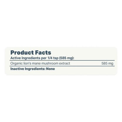 Product facts label for organic lion's mane mushroom extract on a white background