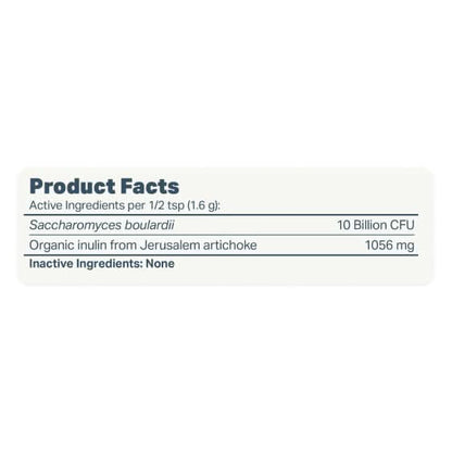 S. Boulardii Product facts label with active and inactive ingredients on a white background