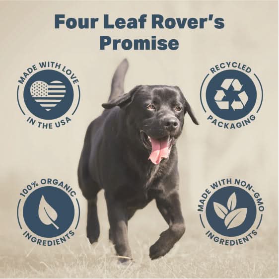 Black dog with 'Four Leaf Rover's Promise' branding and icons on a beige background