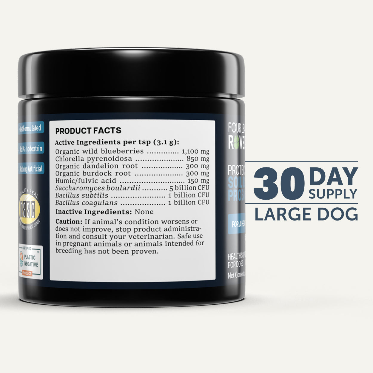 Four Leaf Rover Protect (soil-based probiotics for dogs) supplement label with ingredients list.