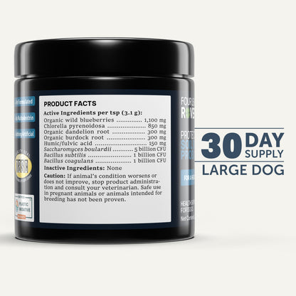 Four Leaf Rover Protect (soil-based probiotics for dogs) supplement label with ingredients list.
