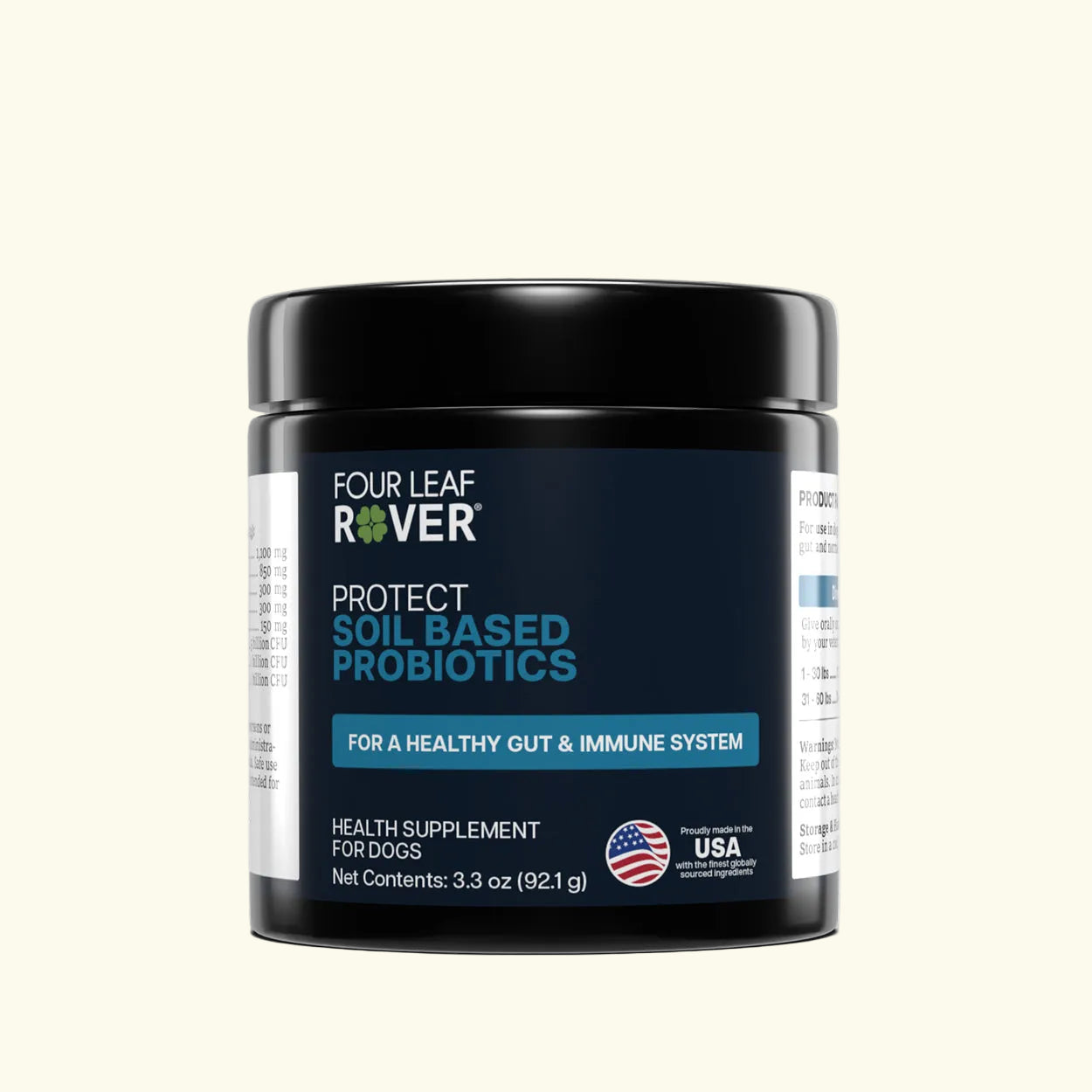 Four Leaf Rover Protect (soil-based probiotics for dogs) container on a beige background