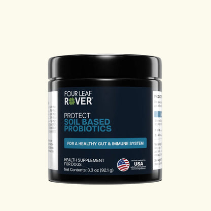 Four Leaf Rover Protect (soil-based probiotics for dogs) container on a beige background