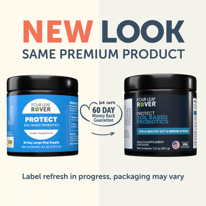 Two containers of Four Leaf Rover Protect (soil-based probiotics for dogs) with text indicating a new look and same premium product.