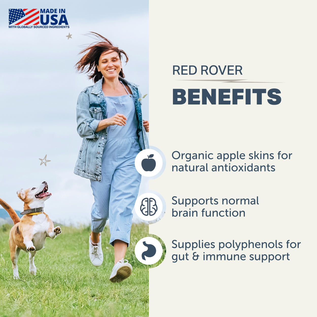 Woman running with a dog in a field, with text about Red Rover by Four Leaf Rover (organic berries for dogs) benefits on the right.