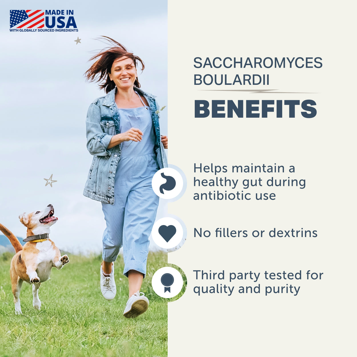 Woman running with a dog in a field, with text about Four Leaf Rover Saccharomyces Boulardii (probiotic yeast) dog supplement benefits on a white background.