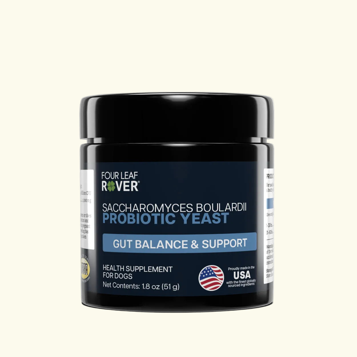 Four Leaf Rover Saccharomyces Boulardii (probiotic yeast) dog supplement jar on a beige background