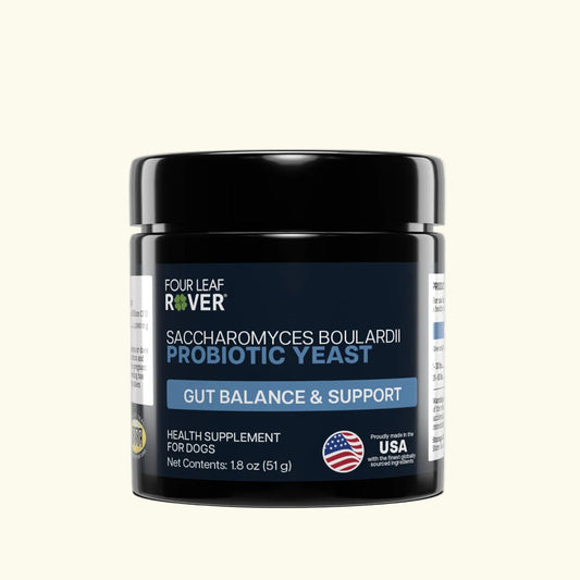 Four Leaf Rover Saccharomyces Boulardii (probiotic yeast) dog supplement jar on a beige background