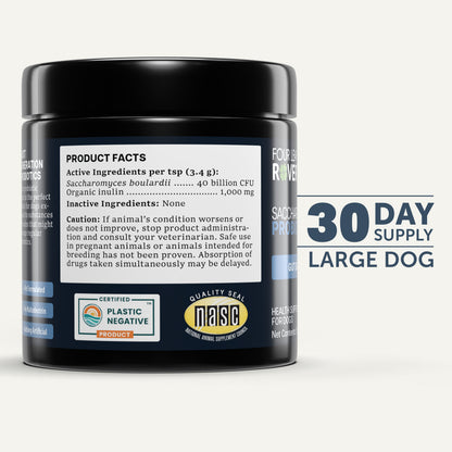 Four Leaf Rover Saccharomyces Boulardii (probiotic yeast) dog supplement label with ingredients list.