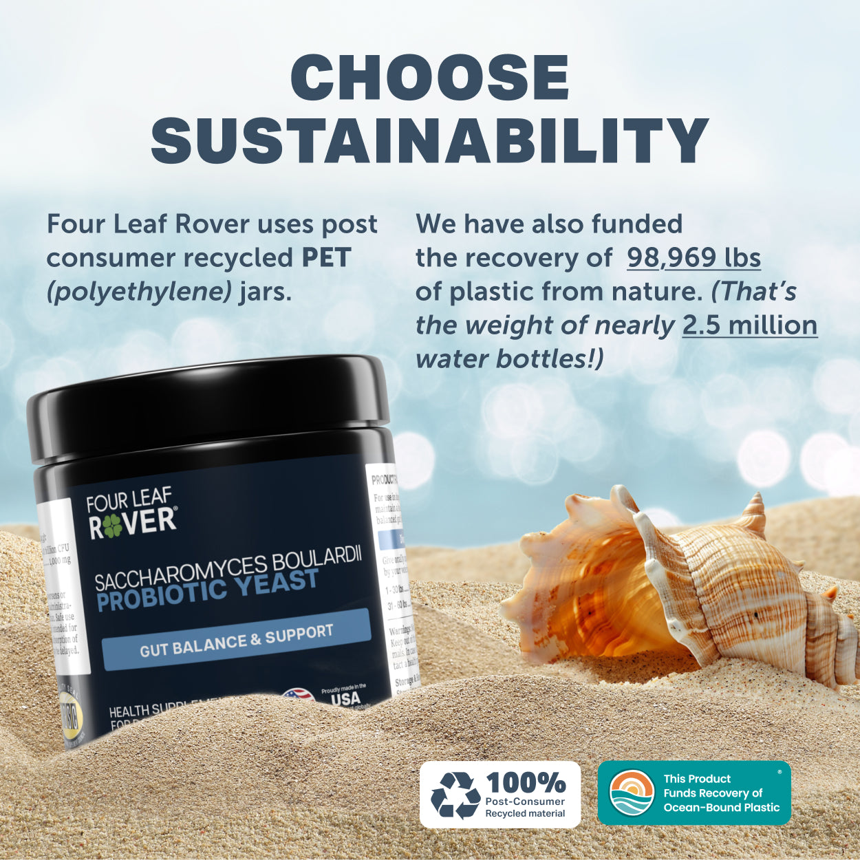 Saccharomyces boulardii (probiotic yeast for dogs) supplement container with sustainability text and graphics on a beach background