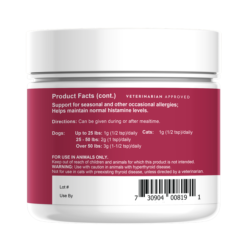 Seasonal Allergy dog supplement powder packaging, allergy relief formula