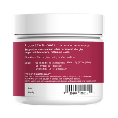 Seasonal Allergy dog supplement powder packaging, allergy relief formula