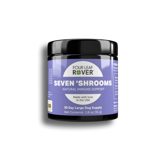 Four Leaf Rover Seven 'Shrooms supplement container on a white background