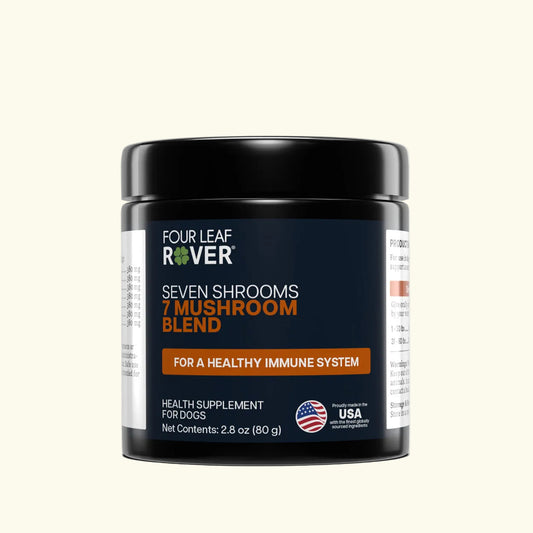 Four Leaf Rover Seven Shrooms (7 Mushroom Blend) dog supplement container on a beige background
