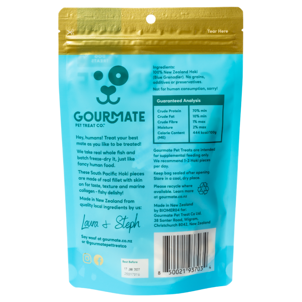 Gourmate South Pacific Hoki fish treat for dogs, side view package