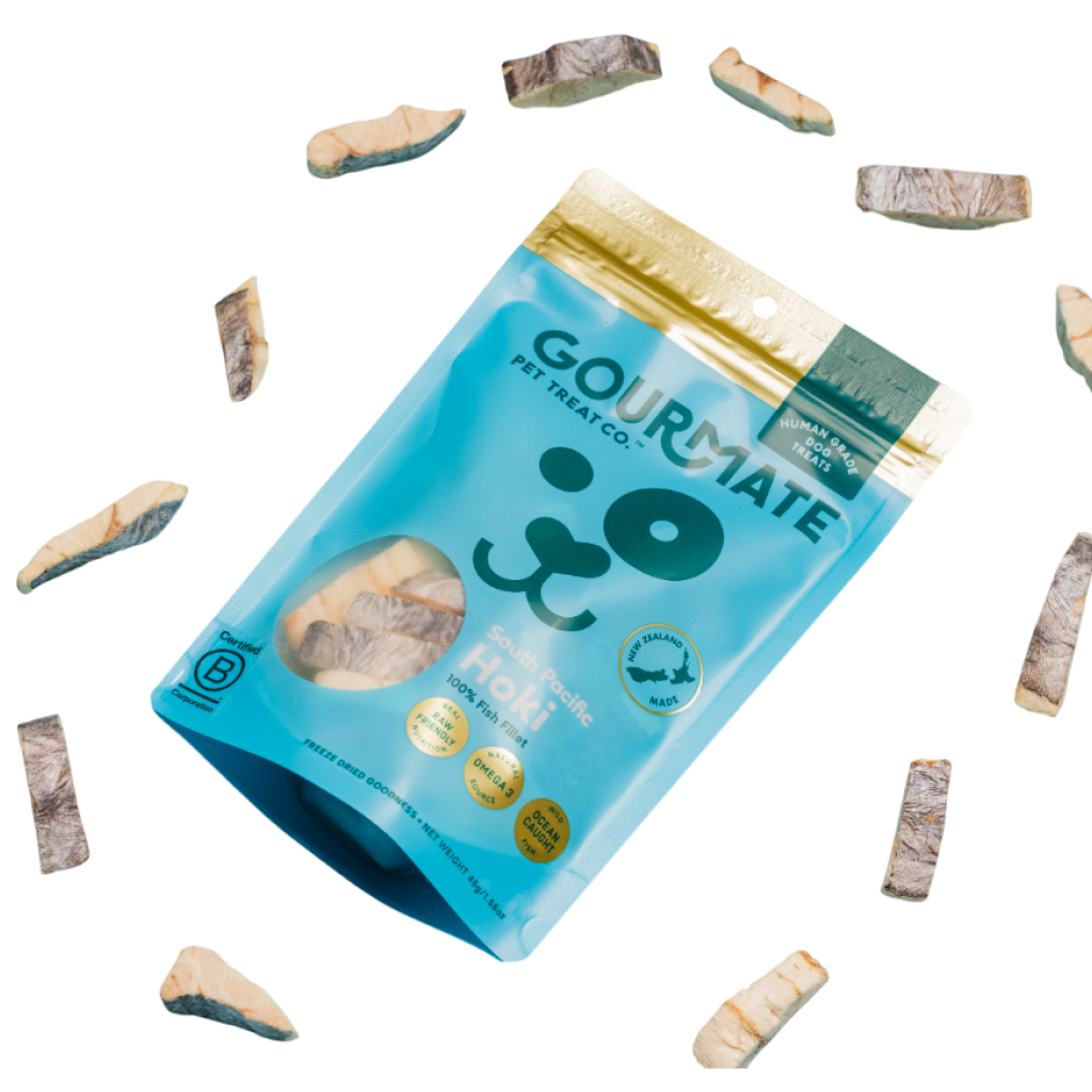 Gourmate South Pacific Hoki dog treat packaging, natural fish snack