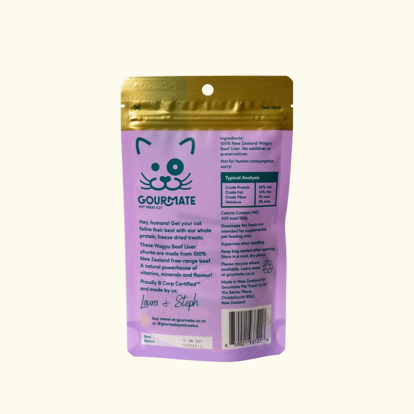 Purple Gourmate cat treat package with gold top on a white background