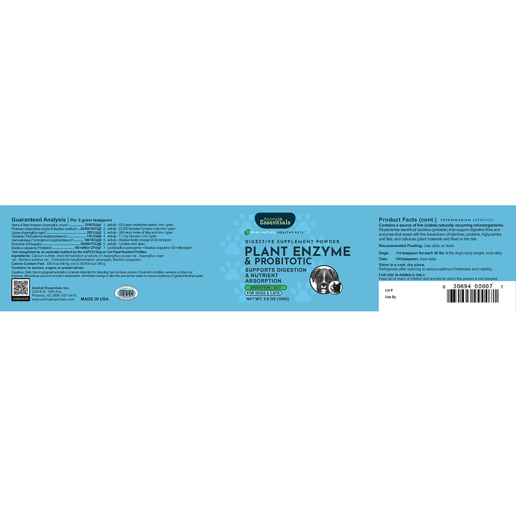 AE Plant Enzyme & Probiotic Powder dog supplement front packaging and full label